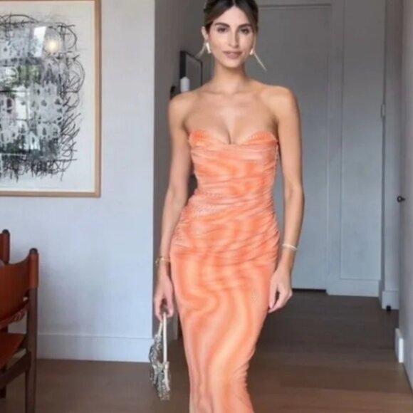 NWT ORANGE STRAPLESS PRINTED TULLE DRESS - Picture 3 of 10